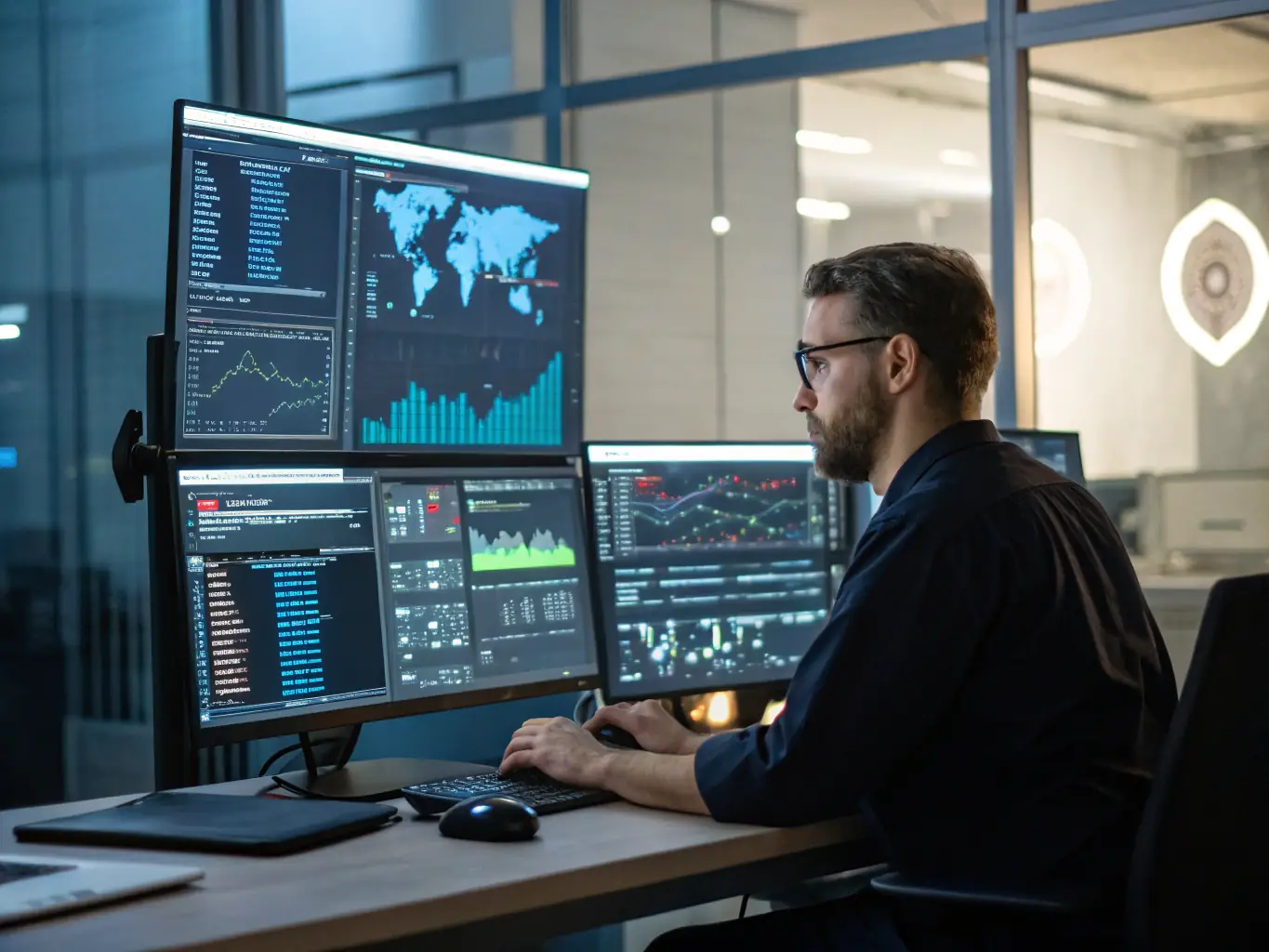 An image of a secure network operations center with multiple screens displaying real-time security monitoring data, emphasizing DTS, Inc.'s proactive cybersecurity approach.