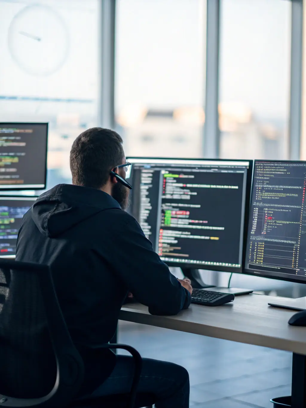 A professional IT technician remotely troubleshooting a server issue, showcasing DTS, Inc.'s remote support capabilities.