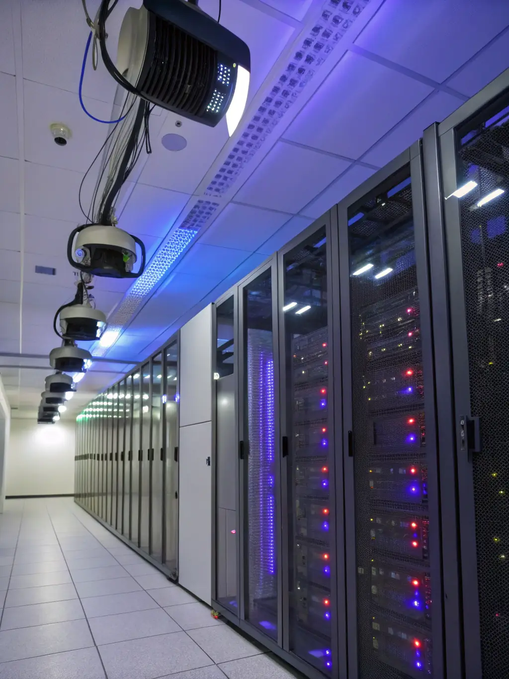 An image of a secure data center with servers and blinking lights, symbolizing data protection and reliability.
