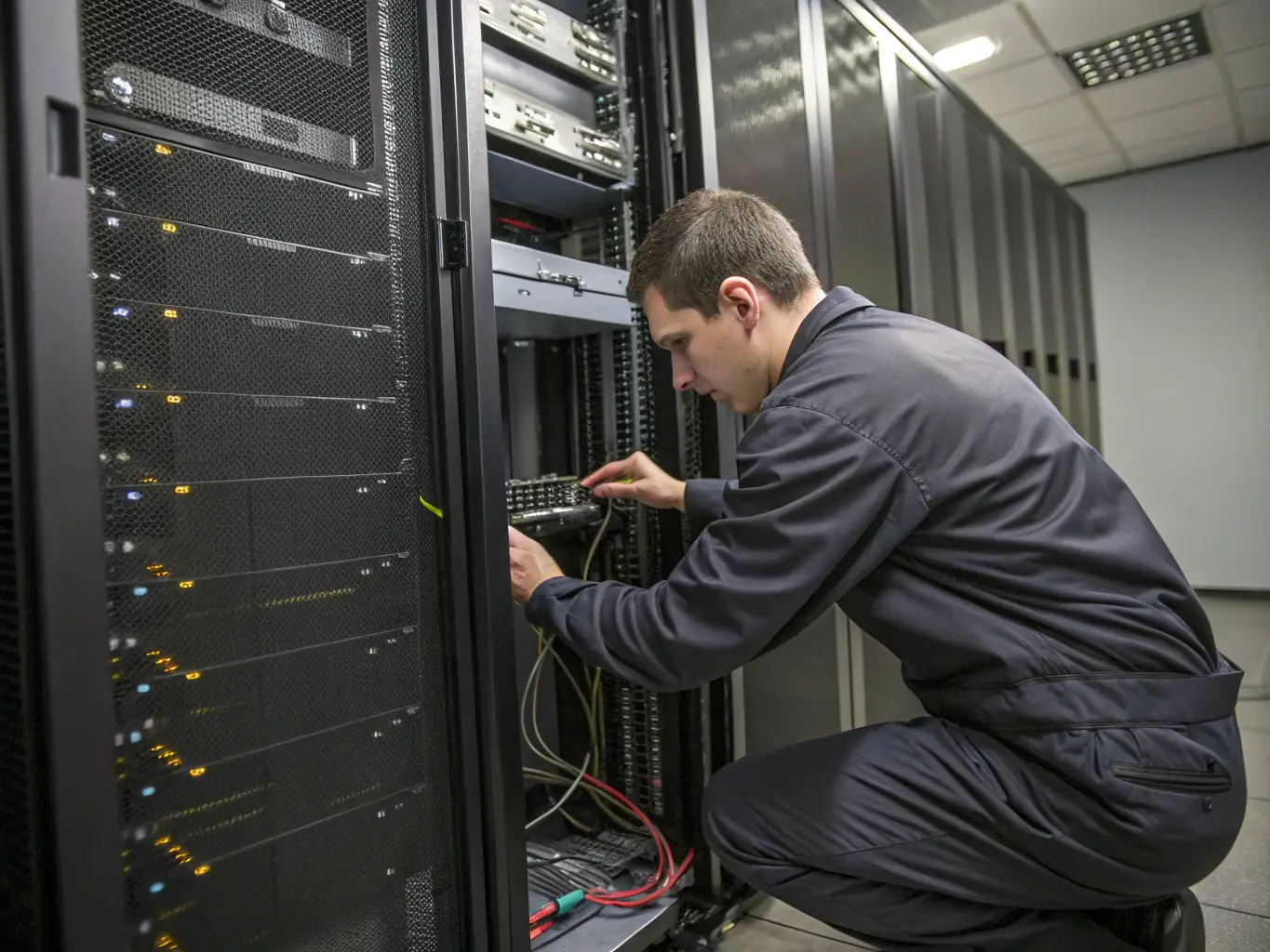A professional IT technician is shown troubleshooting a server in a modern data center, highlighting DTS, Inc.'s expertise in handling complex IT infrastructure.