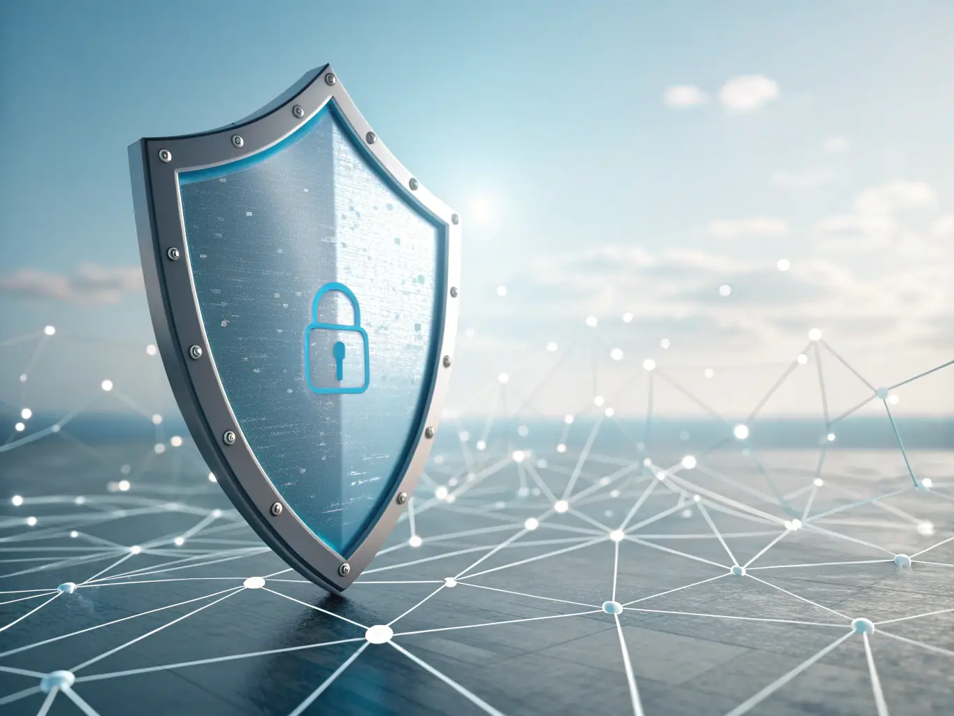 A digital shield with a lock icon, symbolizing DTS, Inc.'s cybersecurity solutions.