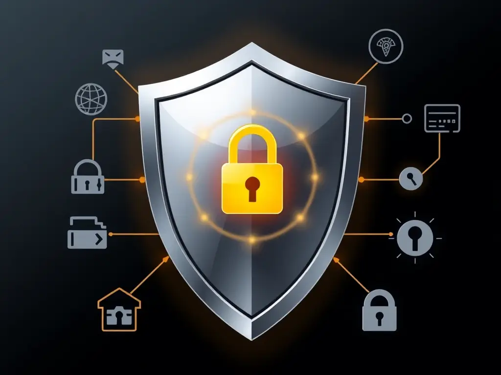 A digital illustration of a shield with a lock icon inside, representing cybersecurity protection.