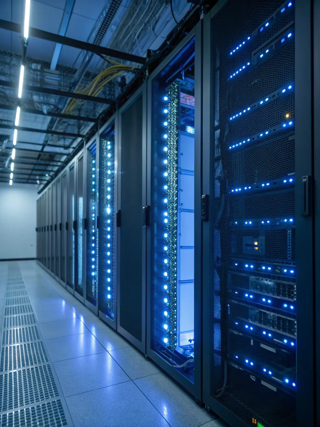 A secure data center with blinking servers, representing DTS, Inc.'s data protection and cybersecurity services.