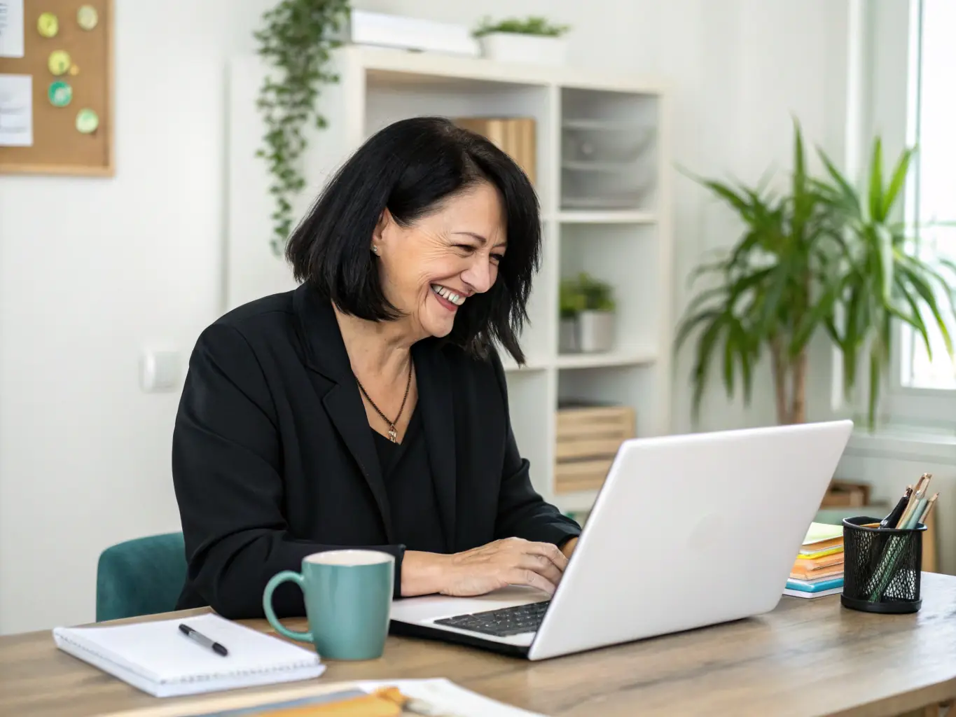 A business owner is smiling confidently while working on a laptop in a bright, modern office, symbolizing the peace of mind that DTS, Inc. provides to its clients.