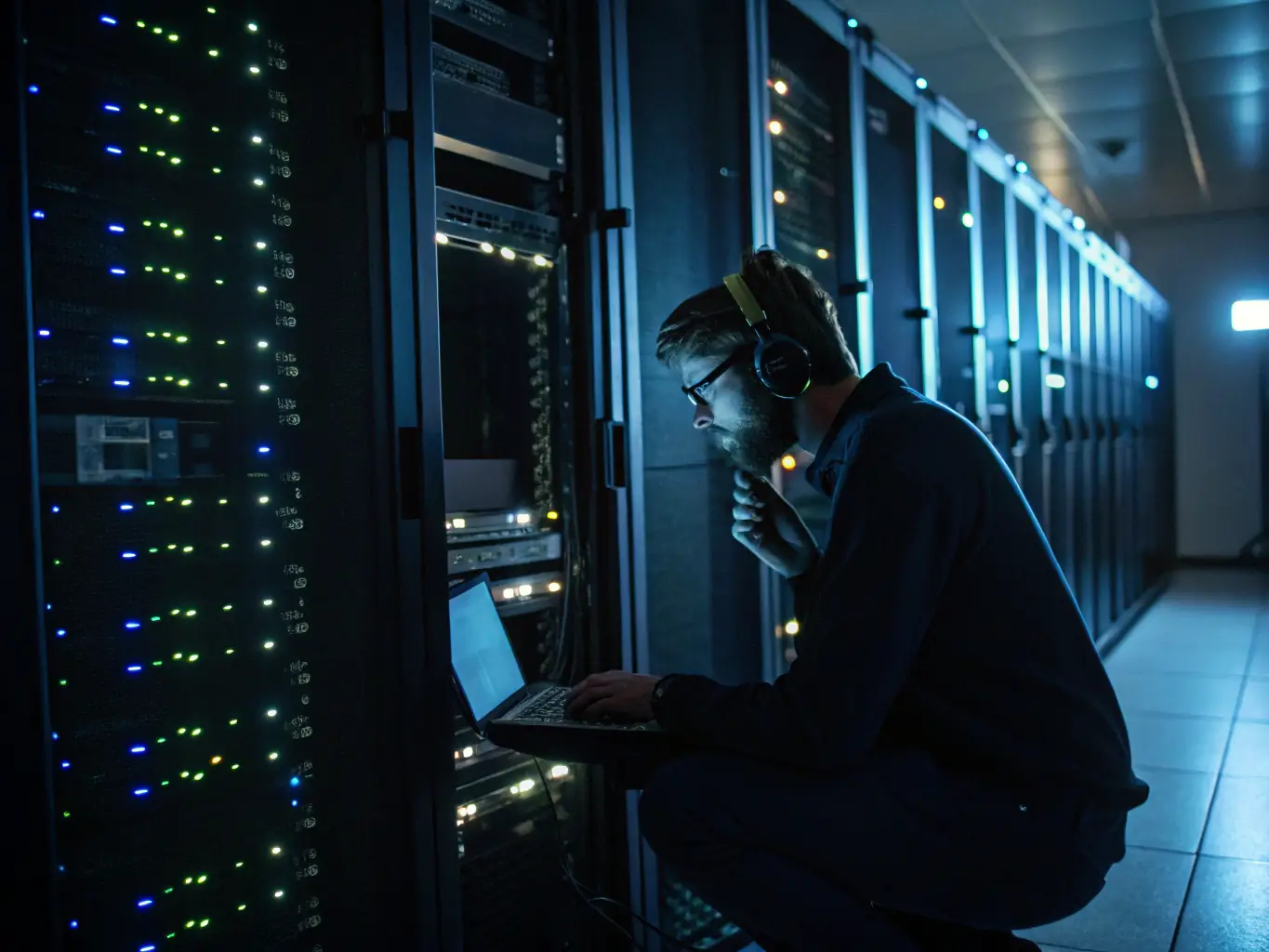 A technician remotely troubleshooting a server issue, showcasing DTS, Inc.'s IT support services.