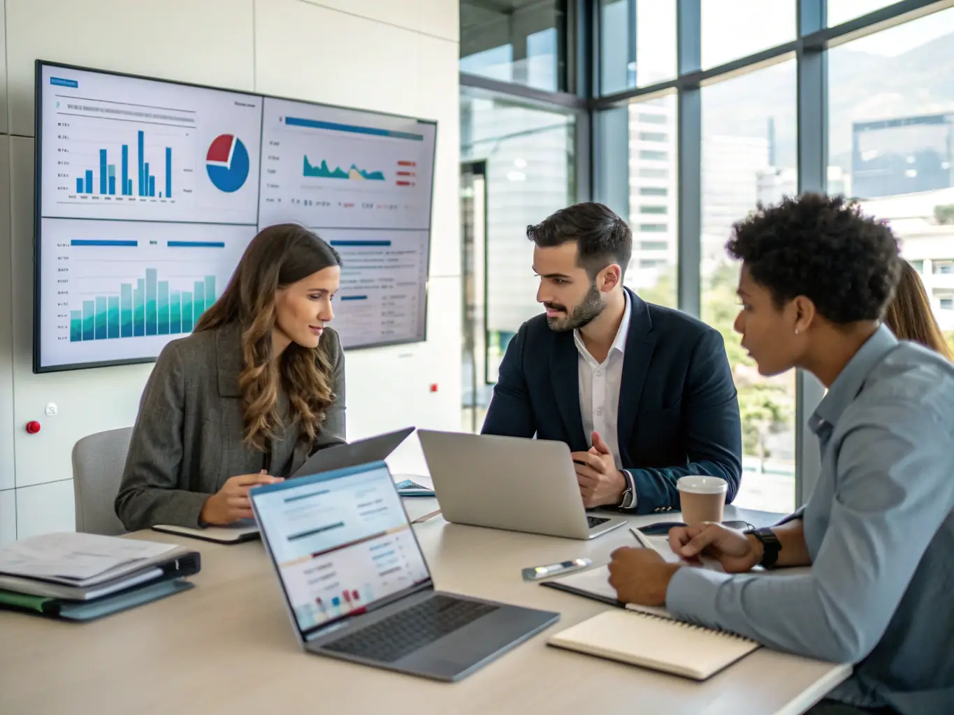 A team of IT professionals collaborating on a network infrastructure diagram, representing DTS, Inc.'s expertise in IT solutions.