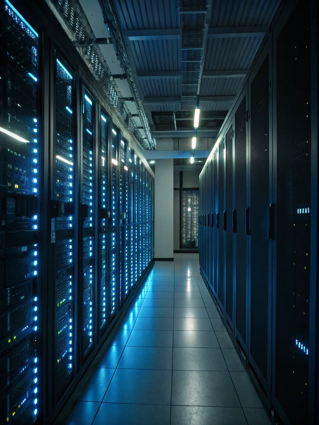 A secure server room with blinking lights and visible security protocols, representing robust cybersecurity infrastructure and data protection.