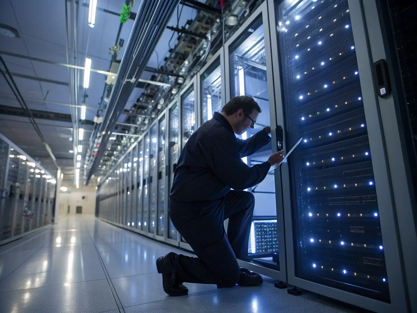 A professional IT technician is troubleshooting a server in a data center, with focused attention and expertise.