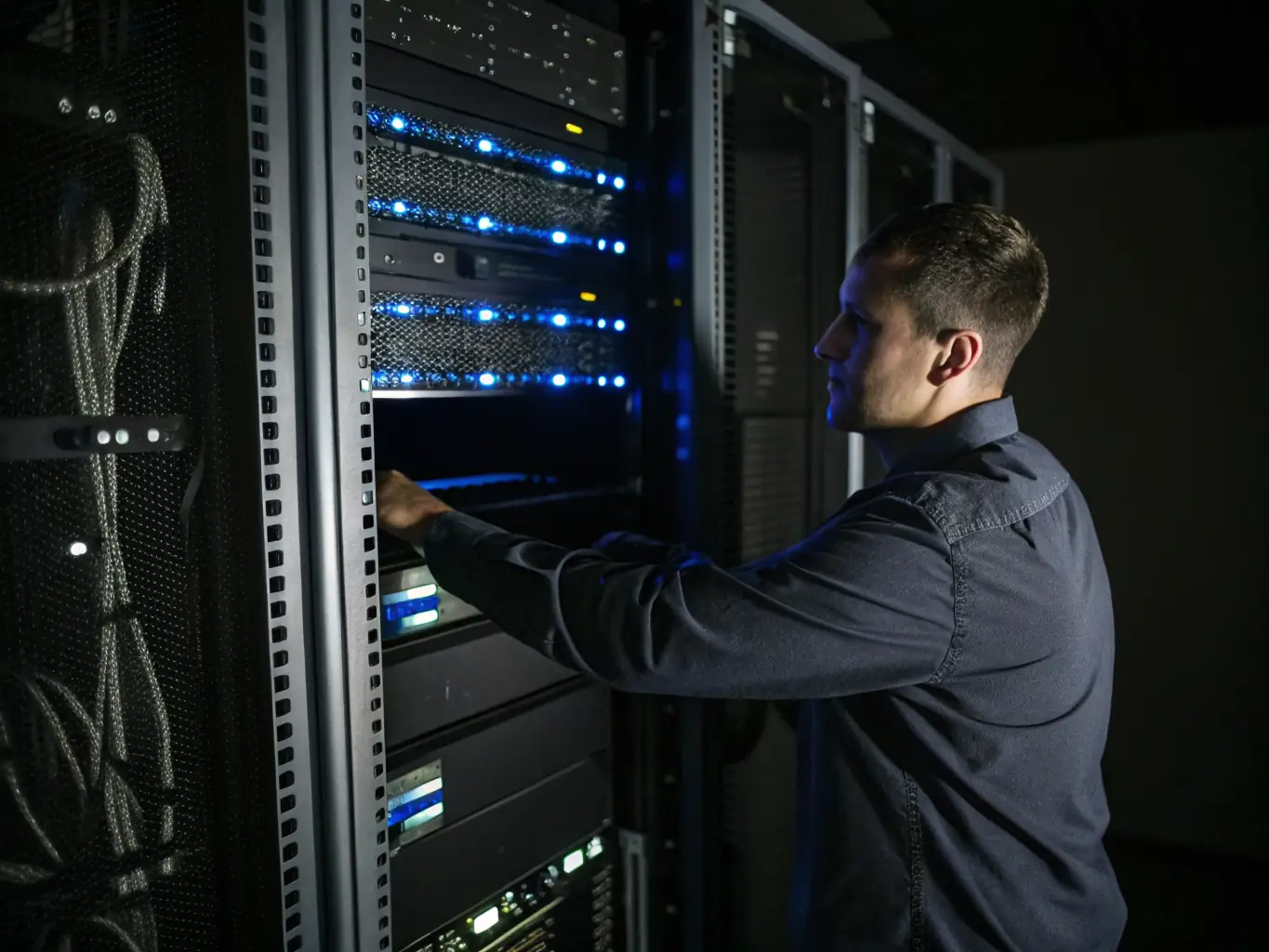 An image of a network administrator performing server maintenance in a data center, highlighting the proactive approach to IT management.