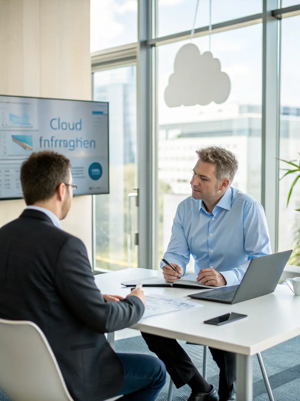 A consultant advising a client on cloud migration strategies, highlighting DTS, Inc.'s cloud services expertise.