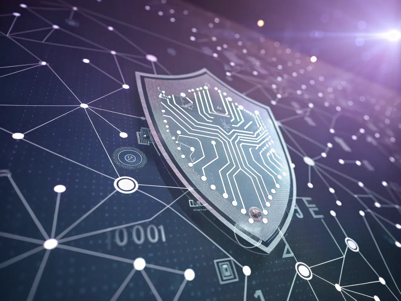 A digital illustration depicting a network of computers protected by a glowing shield, symbolizing comprehensive cybersecurity.